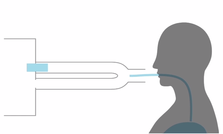 Silhouette of a person undergoing a breathalyzer test with a tube connected to the mouth.