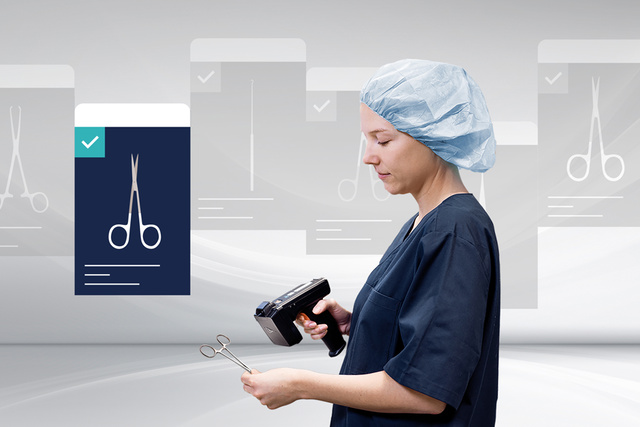 Person in scrubs and a hairnet scans surgical scissors against a digital background with scissor icons.