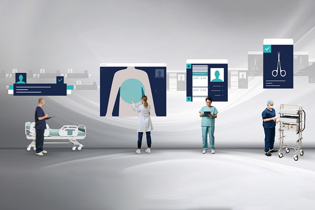 Healthcare professionals interacting with digital medical interfaces and equipment in a virtual environment.