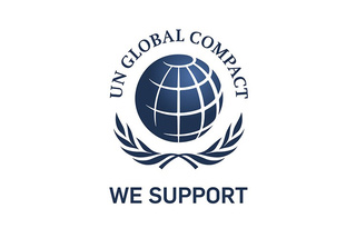 Logo with a globe, text reads UN Global Compact We Support on a white background.