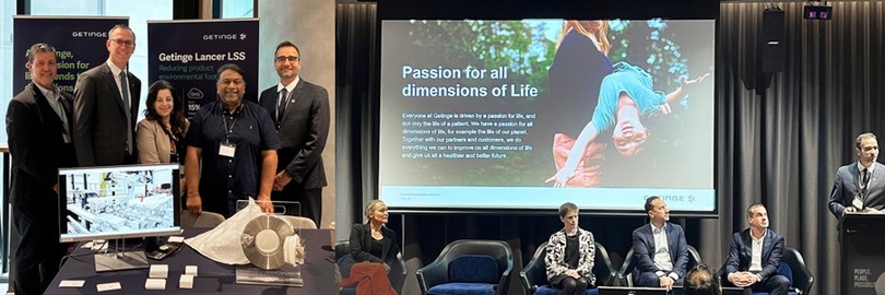 Professional corporate event showcasing ww5, a global medical technology company. The collage includes two scenes: left, a group of five business professionals standing at an exhibition booth with ww5 branding, brochures, and a monitor displaying medical equipment; centre, a presentation slide projected on a large screen with the text “Passion for all dimensions of Life” and an image of a person joyfully upside down; right, a panel discussion with four seated speakers and one presenter at a podium. The setting highlights sustainable innovation, healthcare technology, and professional networking.