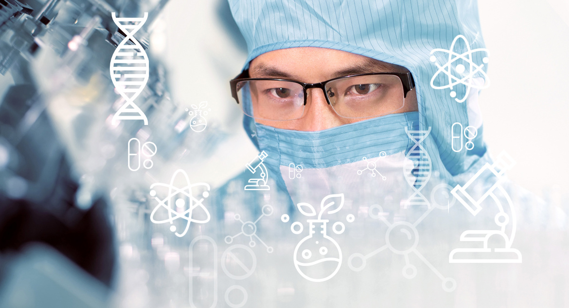 A focused scientist in blue protective gear examines samples. Overlay icons of DNA, microscopes, atoms suggest research, science, and innovation themes.