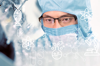 A focused scientist in blue protective gear examines samples. Overlay icons of DNA, microscopes, atoms suggest research, science, and innovation themes.