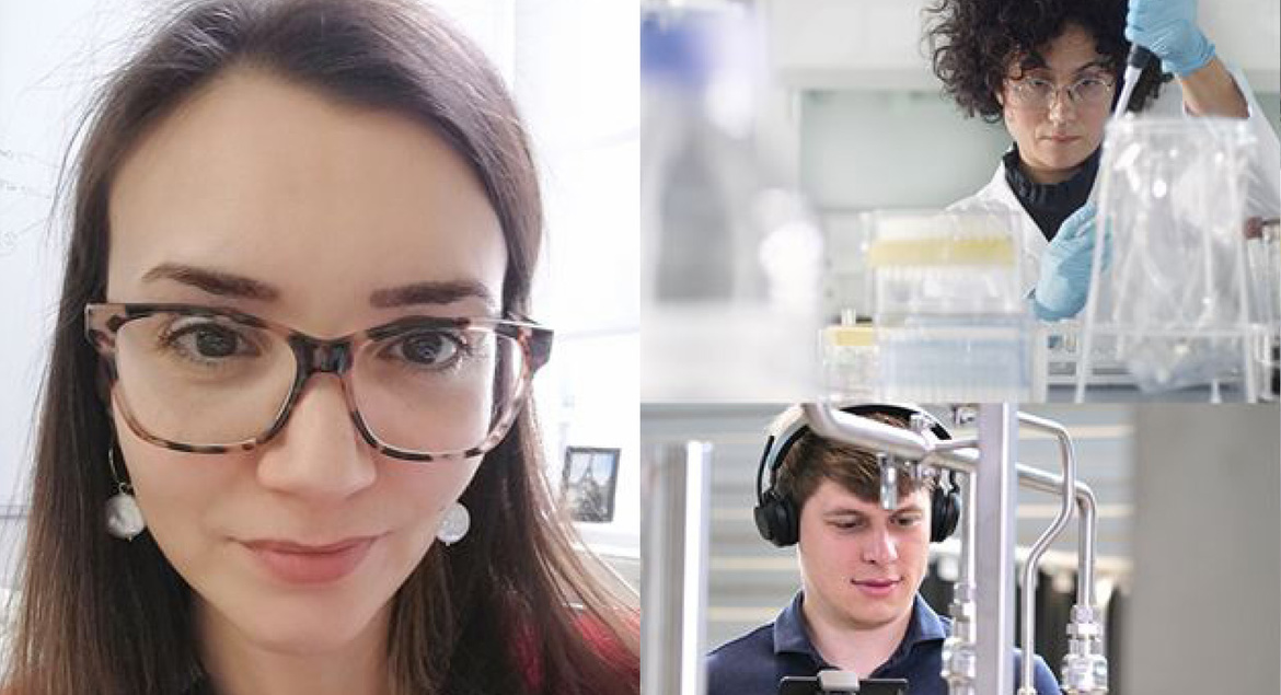 Three people: a woman with glasses, a scientist in a lab, and a man working with machinery.