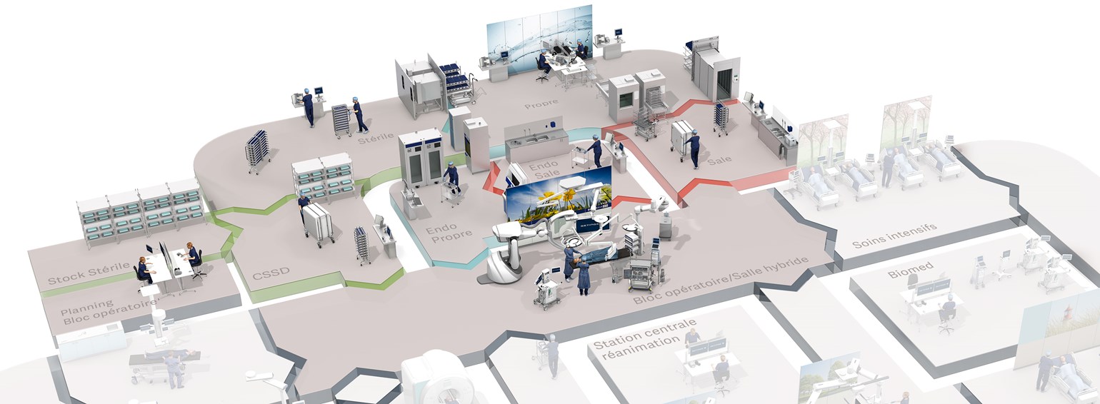 Illustration d'un plan d'étage d'un hôpital avec des zones, du personnel médical et de l'équipement ww5 pour chaque pièce. .