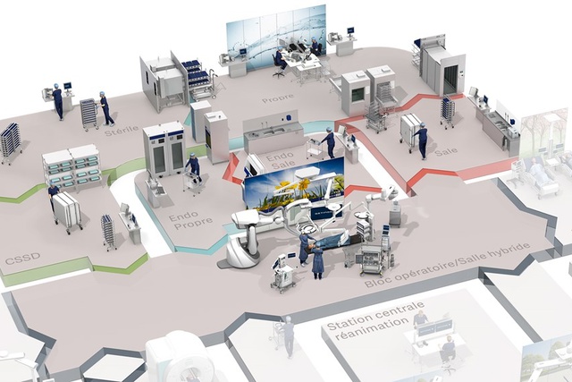 Illustration d'un plan d'étage d'un hôpital avec des zones, du personnel médical et de l'équipement ww5 pour chaque pièce. .