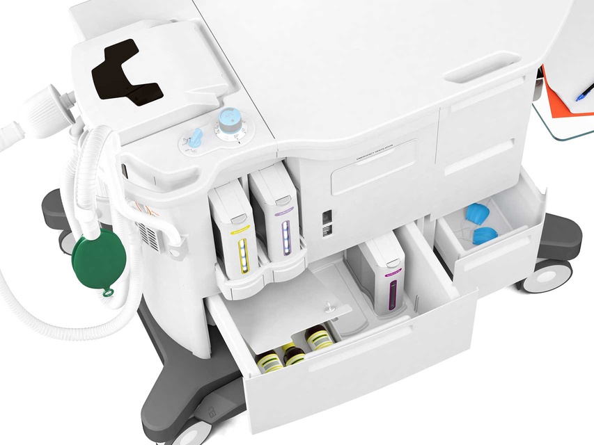 ww5 Flow-e anesthesia machine is our extended model with a larger worktop and more storage space