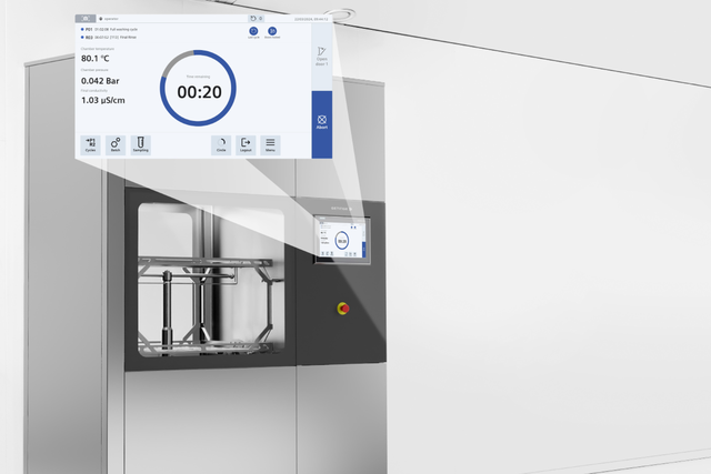 Sterilization machine in a clean room with a close-up of its digital display showing 20 seconds remaining.