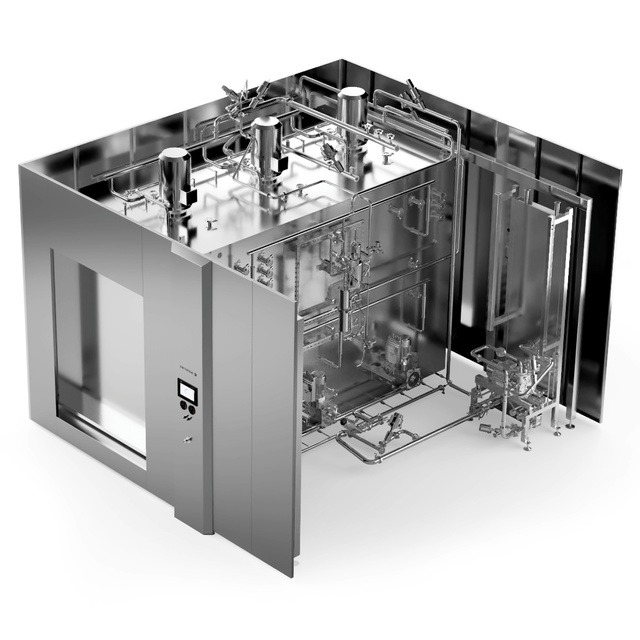 Stainless steel industrial machine with pipes, valves, and control panel in a sterile environment.