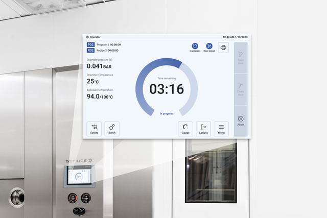 Digital control panel displaying sterilization process details in a sleek, modern facility environment.