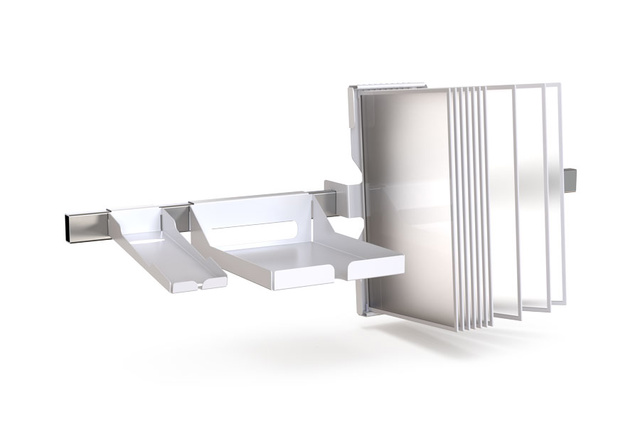 White wall-mounted organizer with two trays and slots for folders or documents.