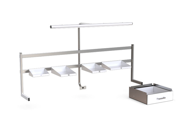 Sleek metal storage rack with four suspended trays and a separate drawer on the side.