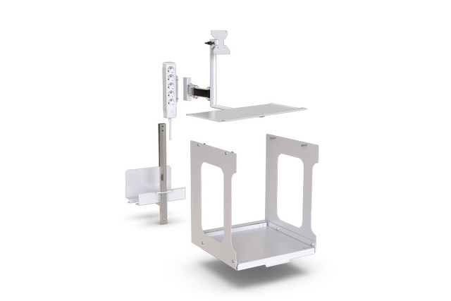Metal frame structure with adjustable components, featuring brackets and a flat platform, isolated on a white background.