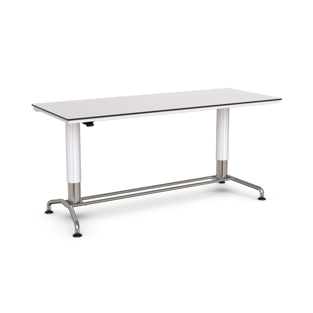 A modern white desk with metal legs and a minimalist design.