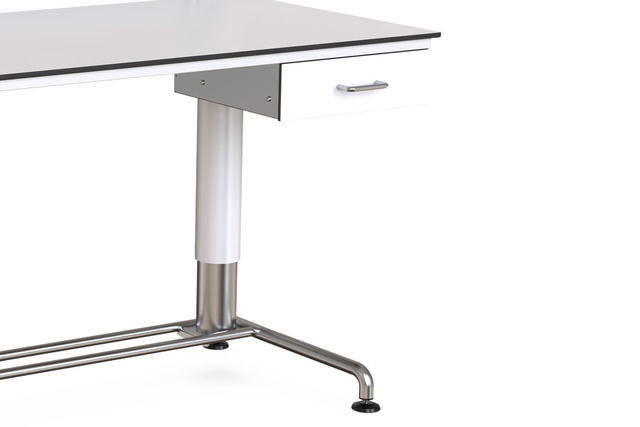 White desk with a single drawer and metal legs on a white background.