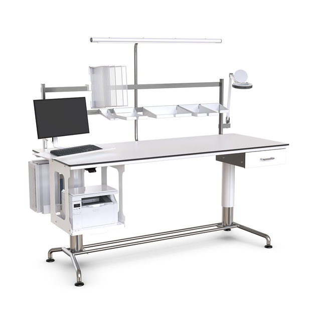Modern white workstation with monitor, keyboard, shelves, drawers, and a lamp on a metal frame.