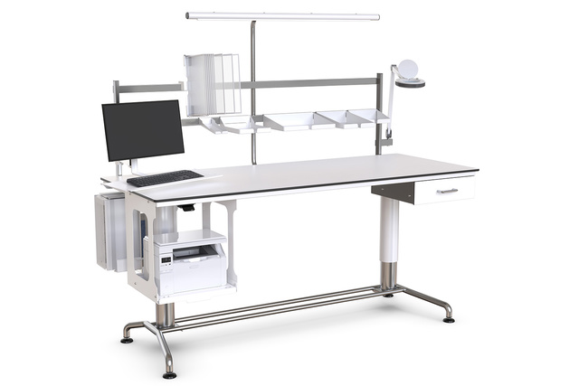 Modern white workstation with overhead shelving, a computer monitor, a keyboard, and storage drawers.