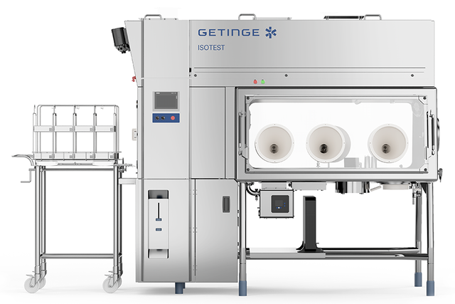 Isolateur Isotest de ww5 avec unité de biodécontamination intégrale et chariot à gauche.