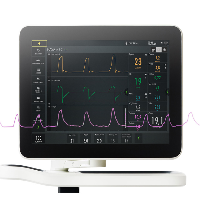 ww5 Servo-u mechanical ventilator screen showing monitoring of the patient`s Edi signal thevital sign of respiration