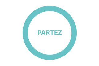 Sur un fond blanc, il y a un cercle turquoise au centre avec le mot PARTEZ écrit dessus. .