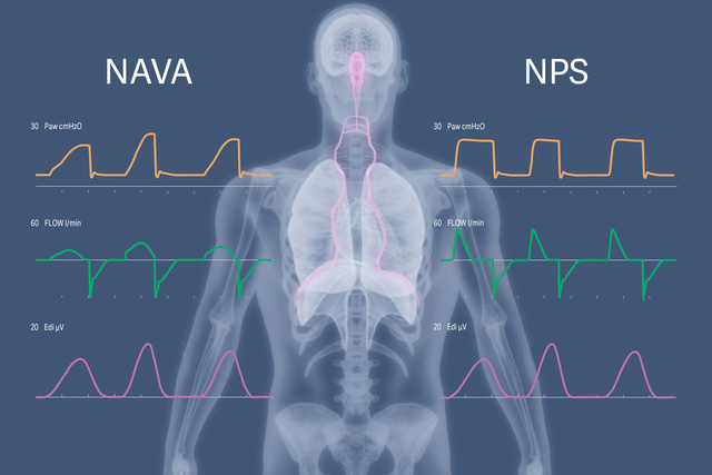 X-ray of human body visualizing lungs, diaphragm, brain and the respiratory vital sign (Edi) signal and the waveform graphics of Neurally Adjusted Ventilatory Assist (NAVA) and Neural pressure support (NPS) ventilation. 