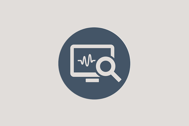 Icon of a monitor with a heartbeat line and a magnifying glass on a gray circle background.