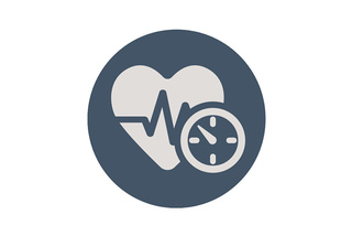 Heart with a heartbeat line and a clock inside a dark circle.