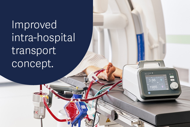 Medical equipment and a patient on a hospital bed with text Improved intra-hospital transport concept.