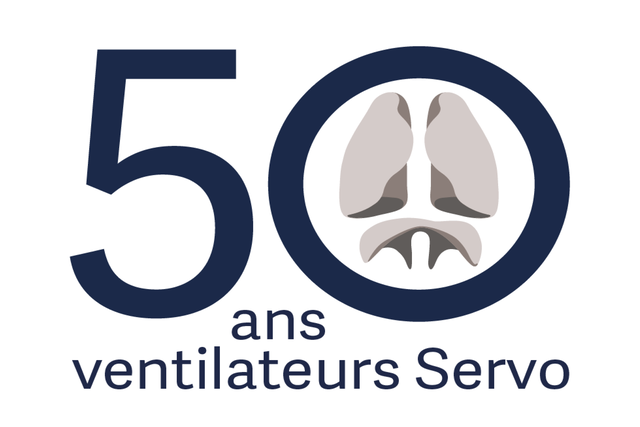 Illustration 50 ans ventilateurs Logo Servo avec poumons stylisés à l'intérieur du zéro.