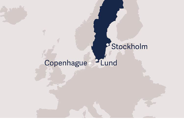 Carte mettant en évidence la Suède avec Stockholm et Lund, ainsi que Copenhague au Danemark