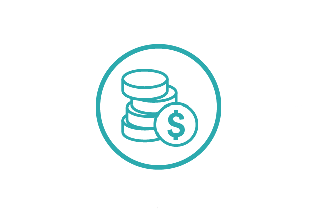A teal icon of stacked coins with a dollar sign, enclosed in a circle on a white background.