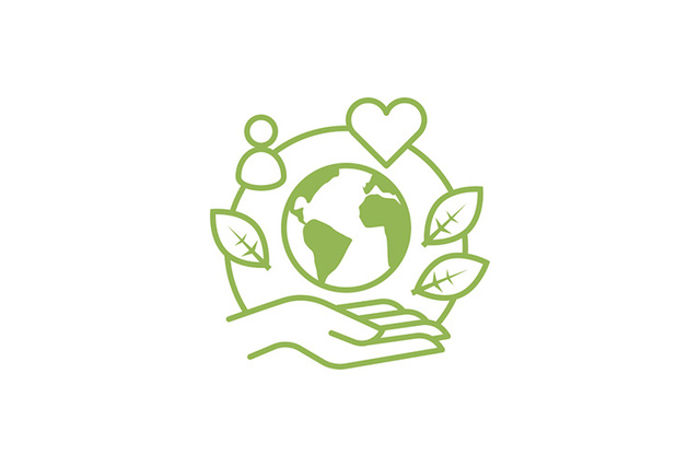 A green line drawing of a hand holding Earth, surrounded by leaves, a heart, and a person icon.