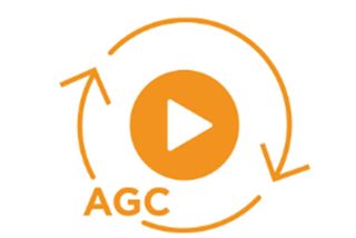 Bouton de lecture orange avec des flèches circulaires autour et les lettres « AGC »