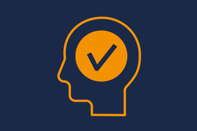 Silhouette of a head with an orange circle and check mark inside on a dark blue background.