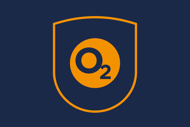 Orange O2 logo on a dark blue background, enclosed in an orange shield outline.